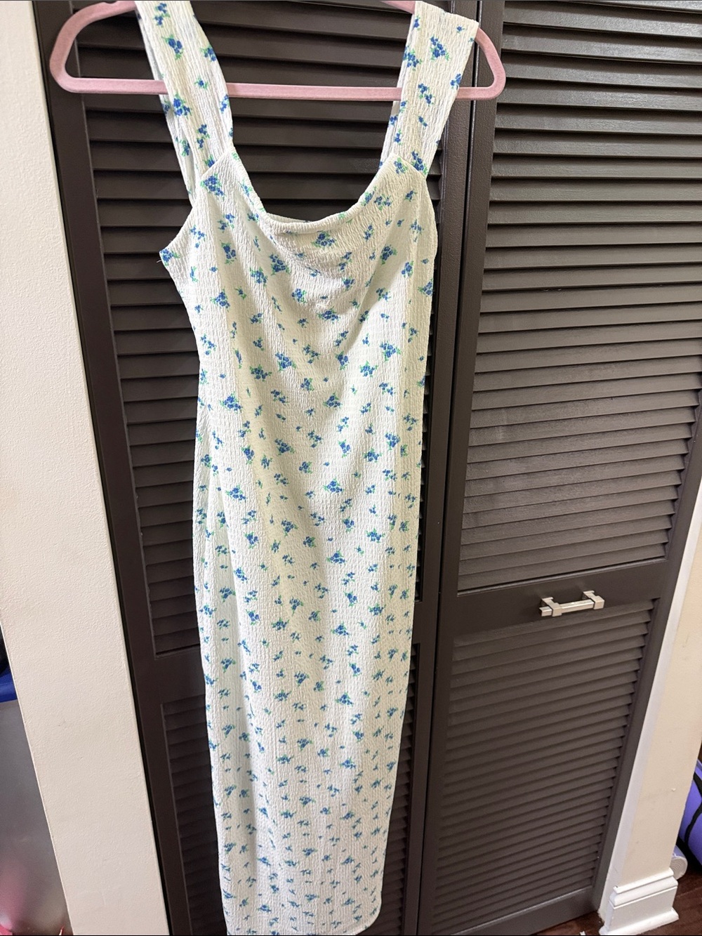 Light Floral Ribbed Maxi Dress in Cream and Blue